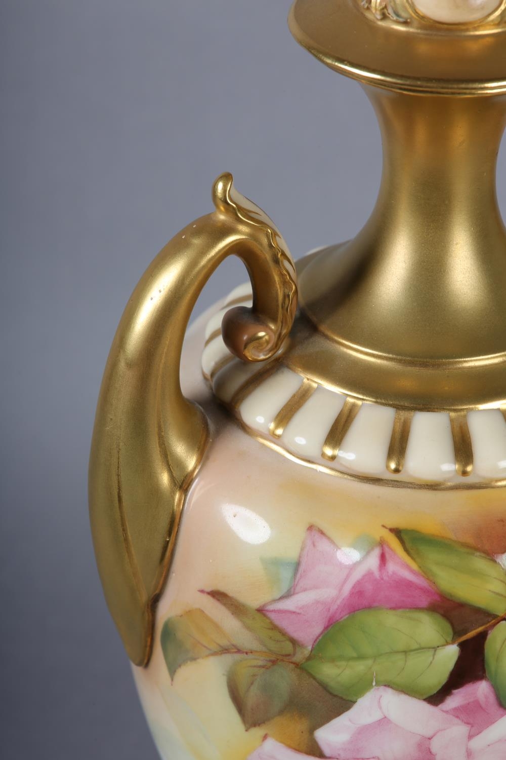 A Royal Worcester urn-shape vase and over painted by W H Austin with red and pink roses, signed - Image 5 of 9