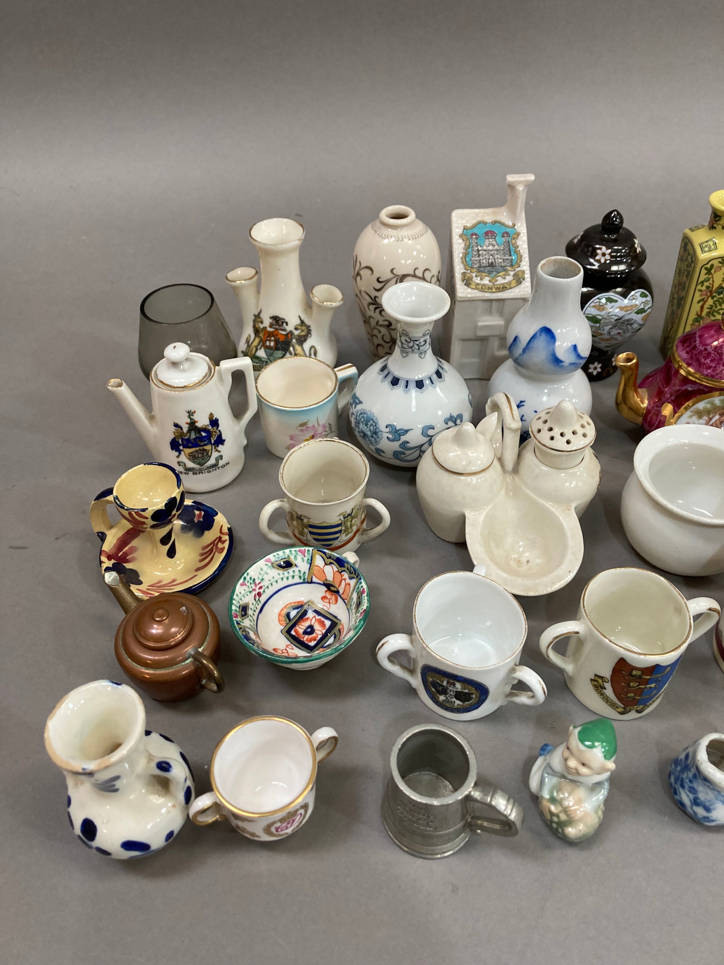 A collection of miniature china and pottery including vases, crested chinaware, cups, figures, etc - Image 2 of 2