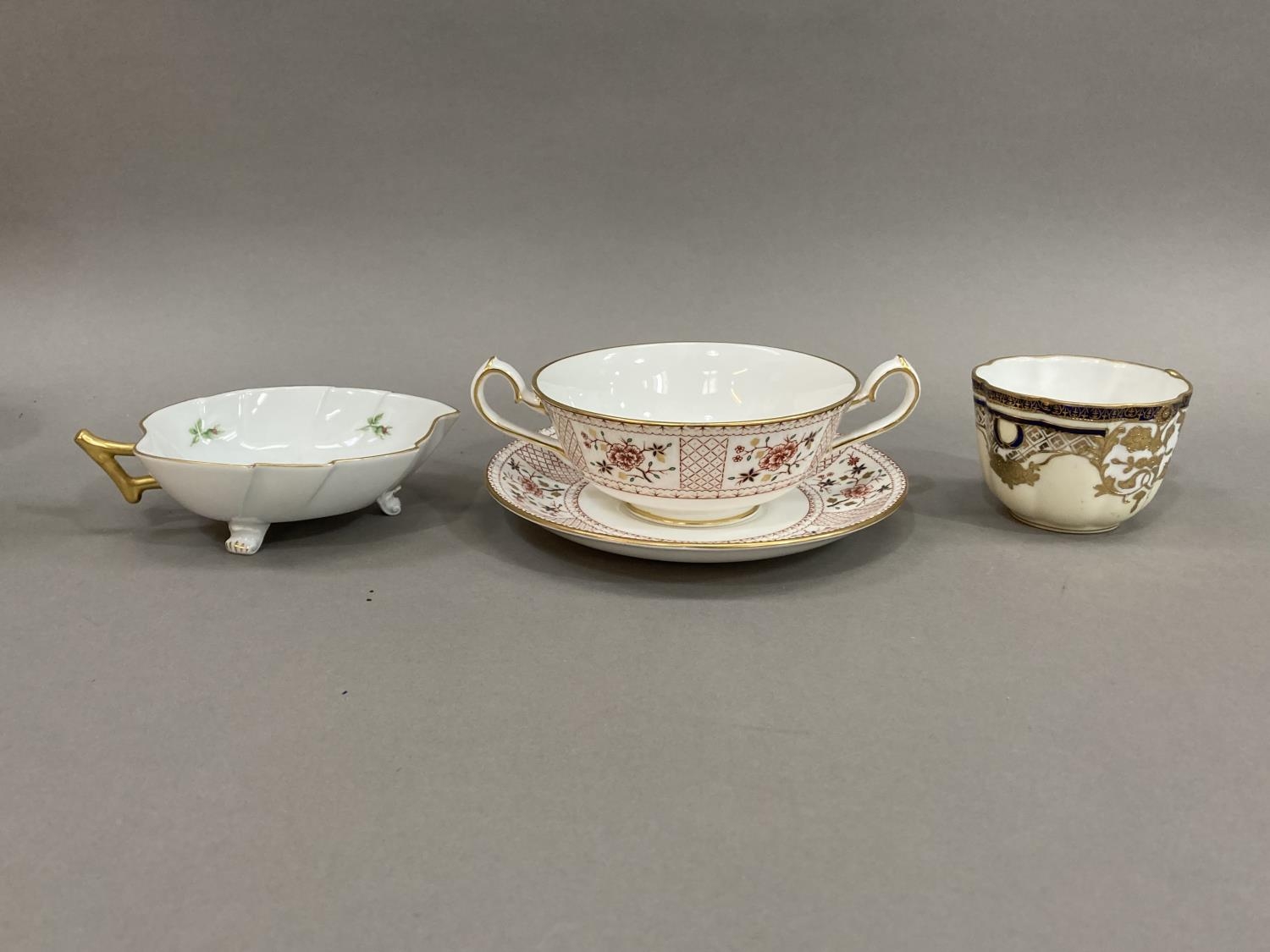 A Royal Crown Derby soup bowl and stand, a continental cobalt blue dish and lid with scene, a - Image 3 of 3