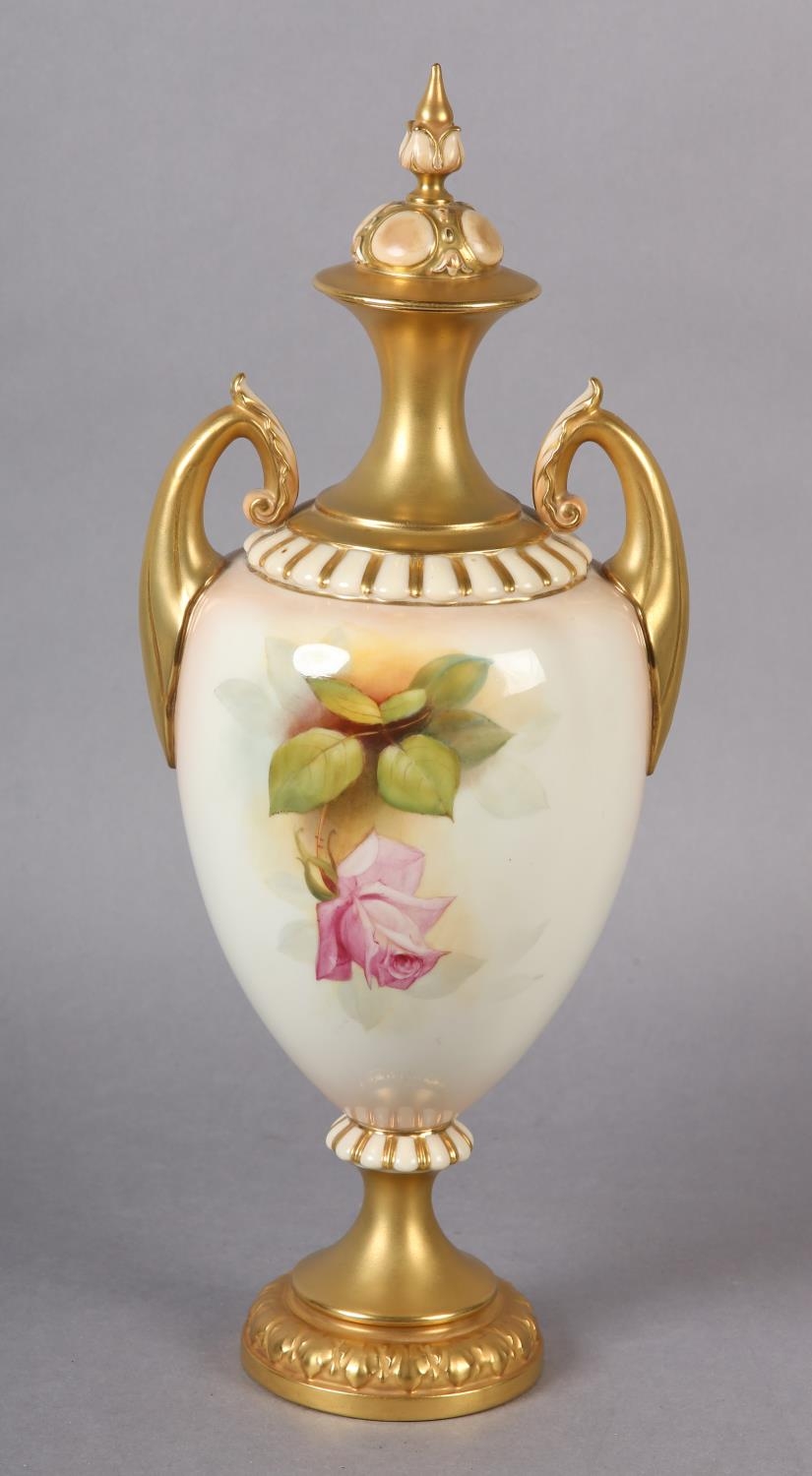 A Royal Worcester urn-shape vase and over painted by W H Austin with red and pink roses, signed - Image 6 of 9