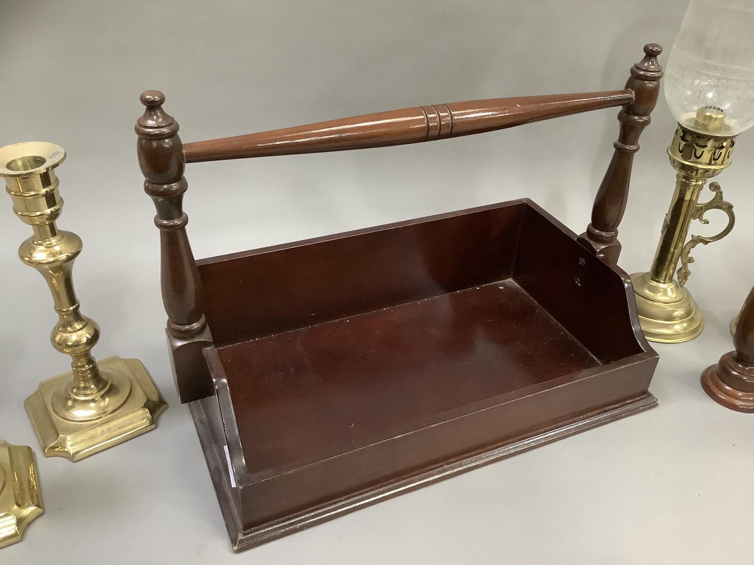 A reproduction book trough with carrying handle together with a pair of treen candlesticks, a pair - Image 3 of 4