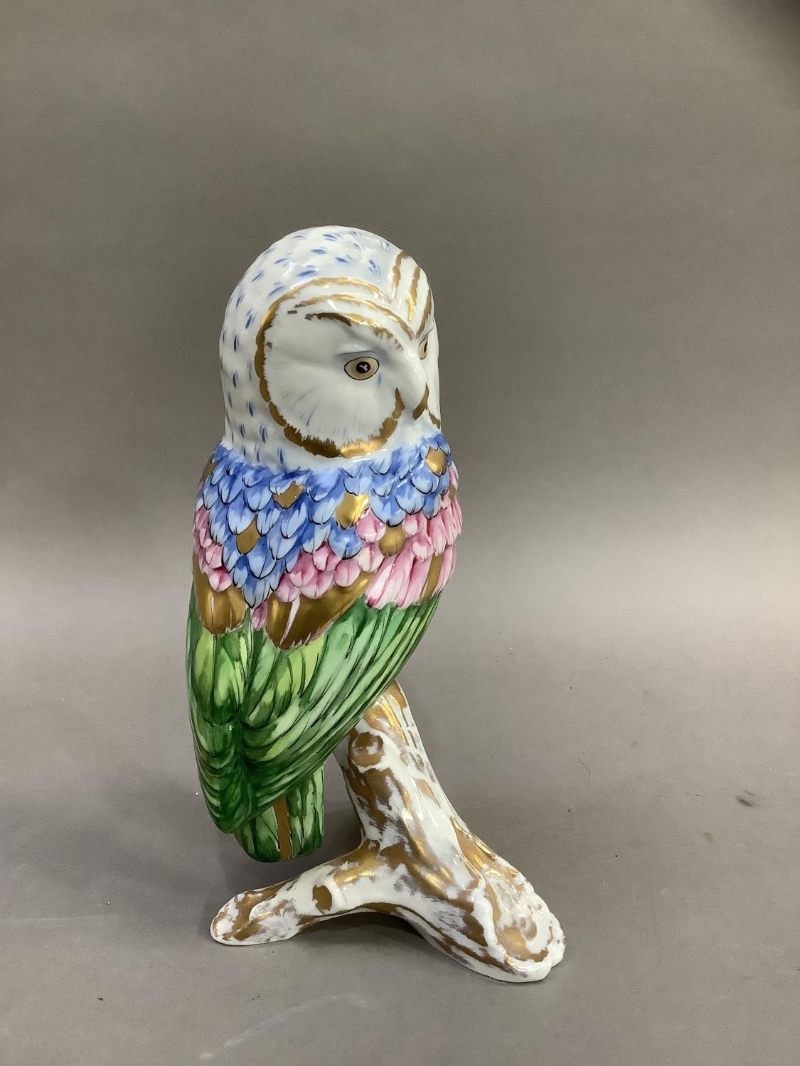 A Herend style china figure of an owl perched on a branch by Vista Alegre, Portugal, painted by hand - Image 2 of 6