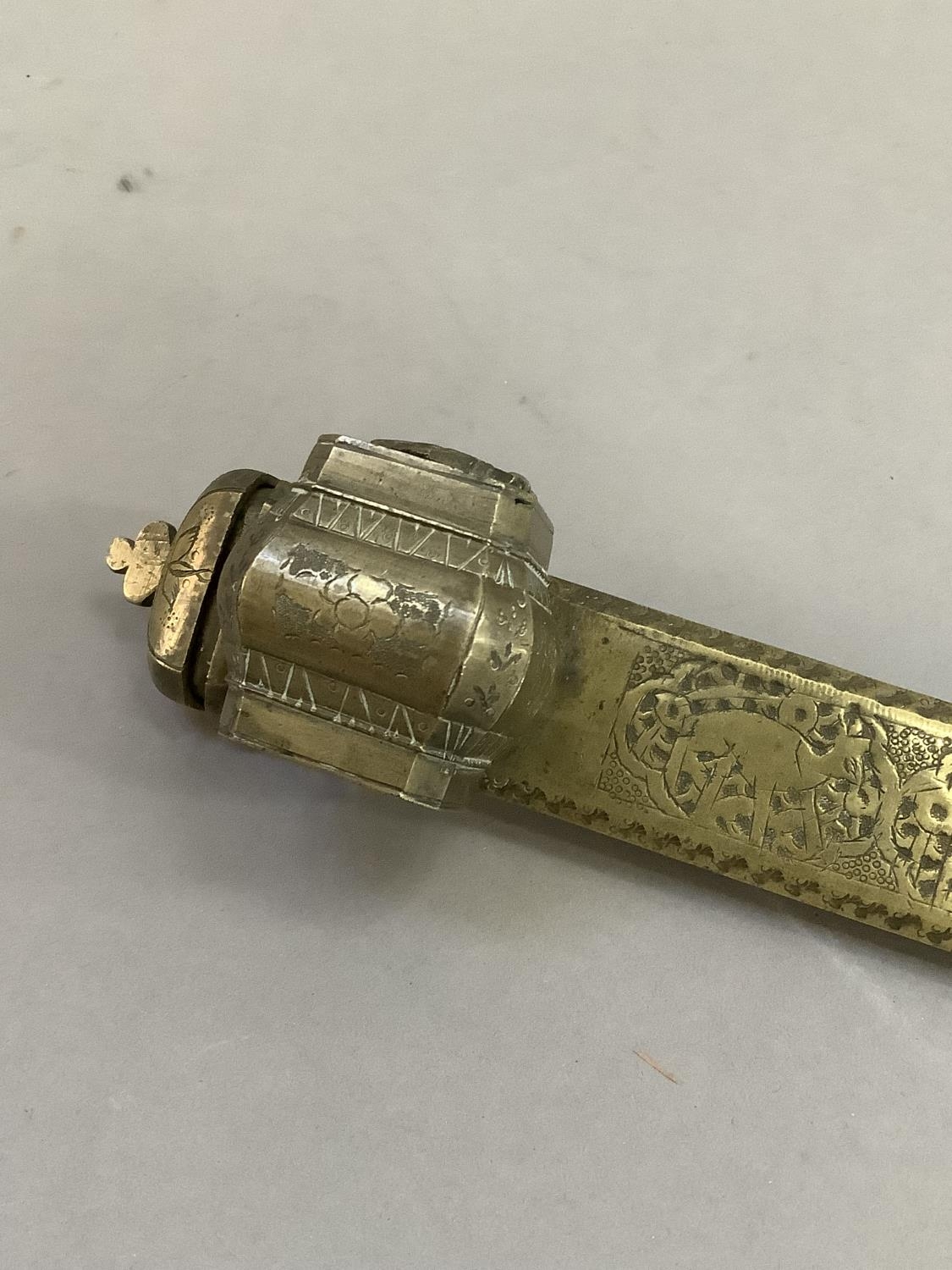A Middle Eastern brass scribe's pen and inkwell holder, 25cm long - Image 2 of 4