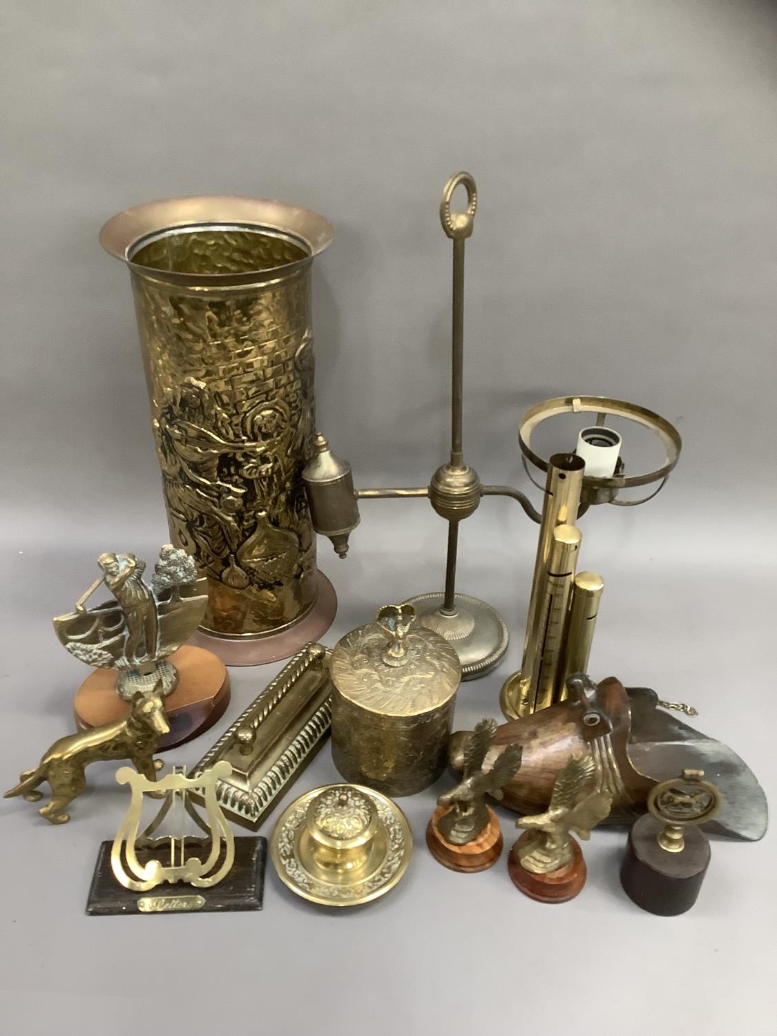 Brass ware including a Victorian inkwell, hearth ornaments, brass lyre-shaped letter holder, an - Image 4 of 4
