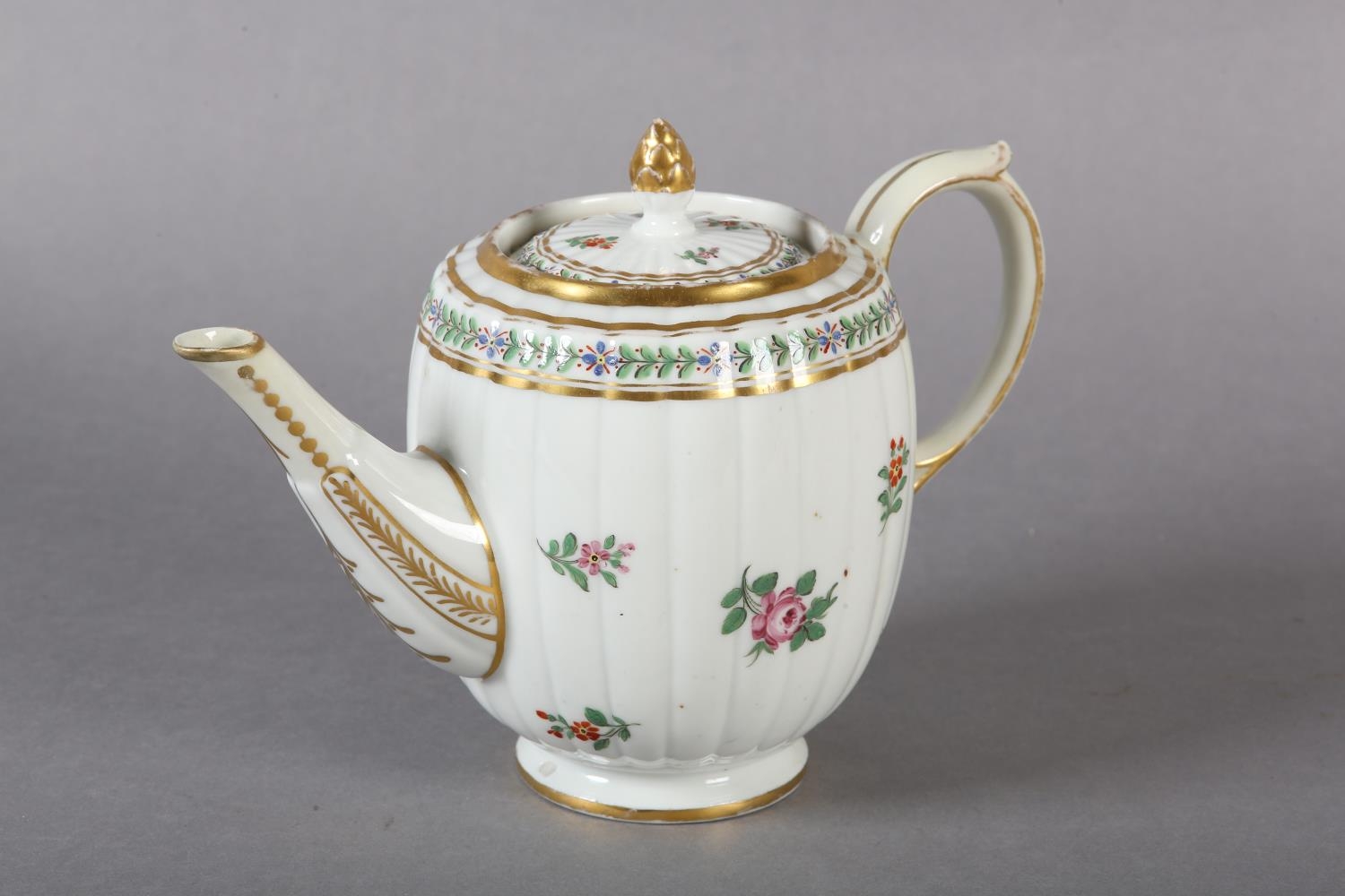 An 18th century teapot, the lid having an acorn gilt finial, the fluted body of barrel shape painted - Image 7 of 9
