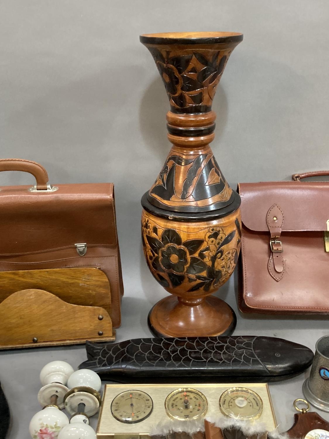 A large wooden vase and cover, a wooden fish mould, letter rack, plate stand with antimony front, - Image 3 of 5