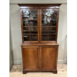 A 19th century mahogany book case cupboard having a moulded cornice above two tracery glazed doors