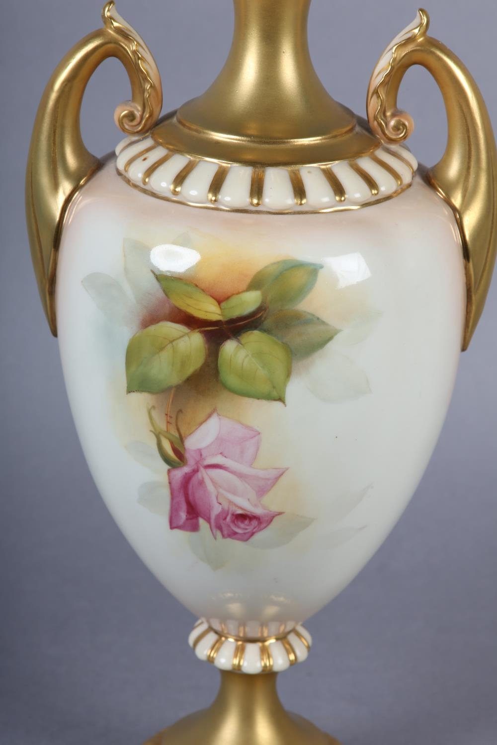 A Royal Worcester urn-shape vase and over painted by W H Austin with red and pink roses, signed - Image 8 of 9