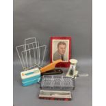 1960/70s items including wire work magazine rack, wire work hors d'oeuvres tray with three glass