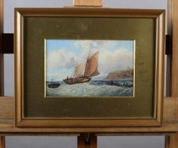 E BLAND (Act. late 19th/early 20th century), Shipping in a heavy swell off Whitby, oil on board,