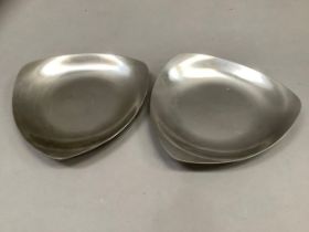 A pair of stainless steel card dishes c1960 by Lundtafte of Denmark, shallow triangular form with