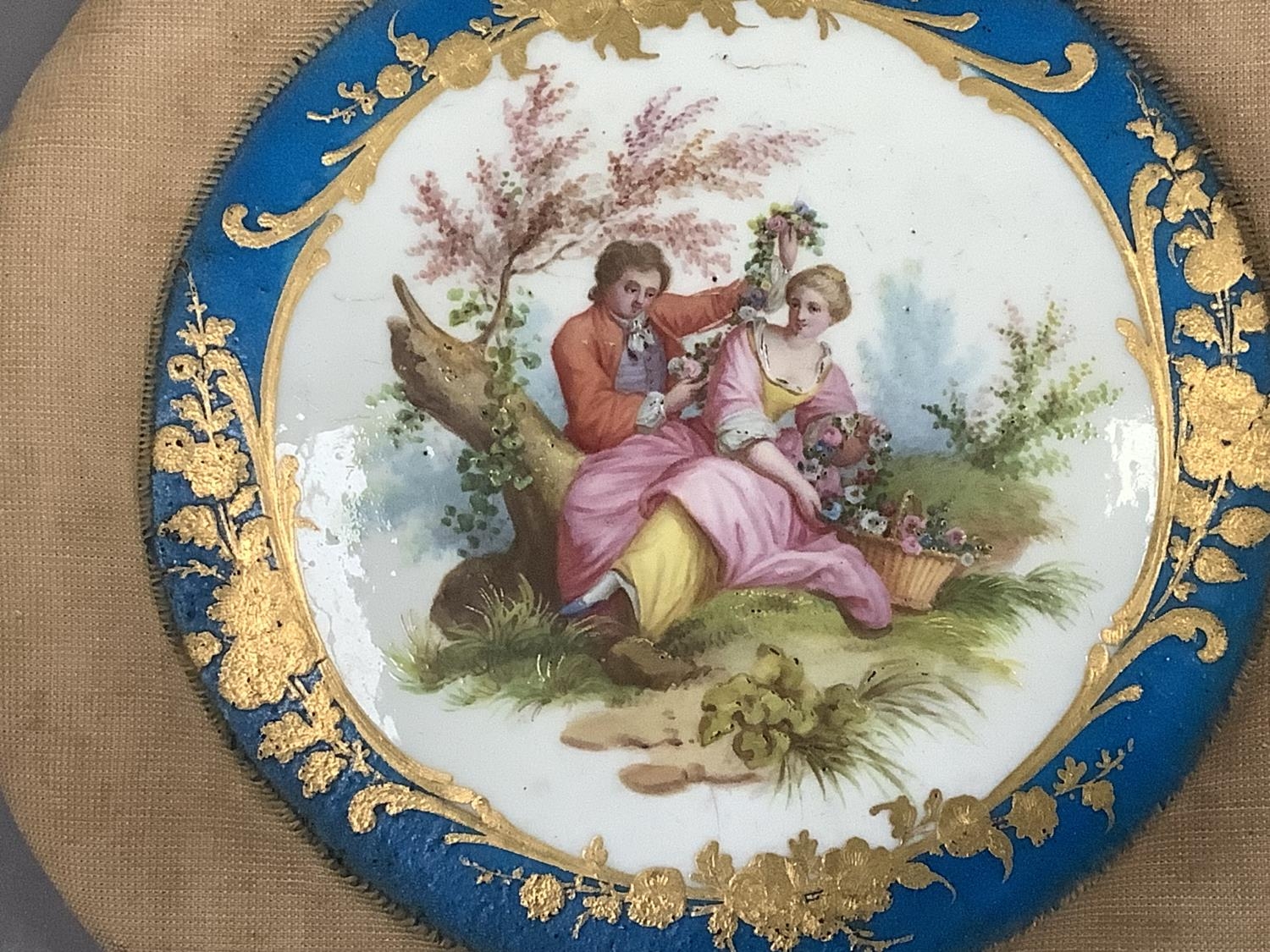A Sevres style porcelain plaque, painted with a romantic scene of a lovers in a landscape within a - Image 2 of 2