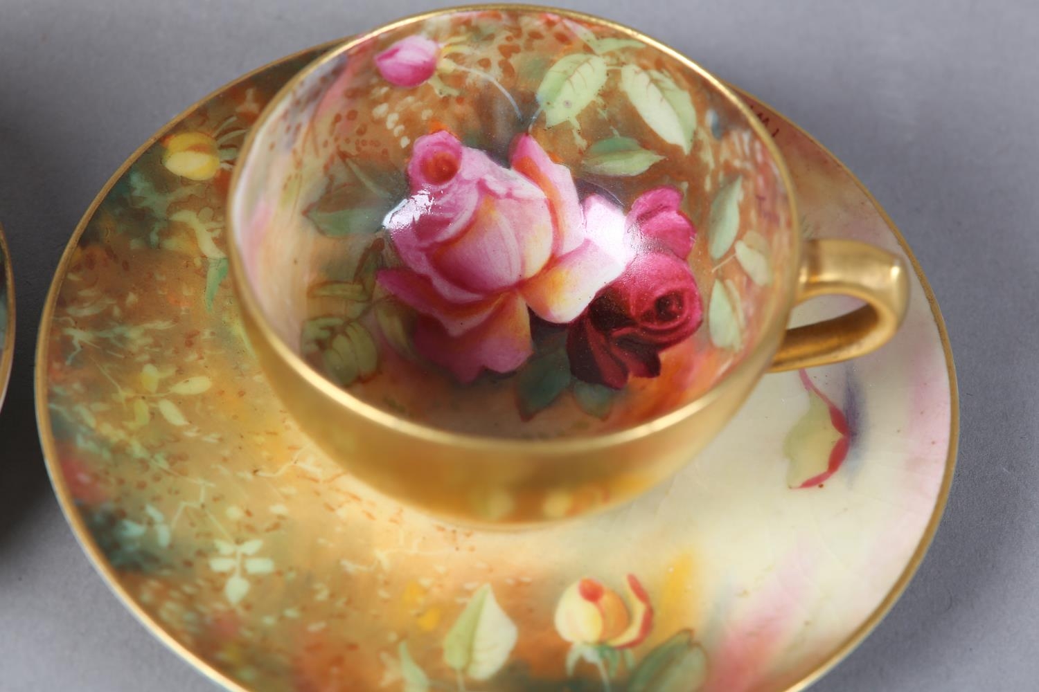 A pair of Royal Worcester cabinet cups and saucers, painted with yellow and pink roses, signed Twin, - Image 5 of 8