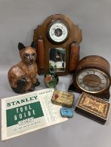 A Smiths oak veneered mantel clock, eight day striking, a barometer, clothes brush and mirror hall