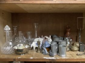 Cut glass decanters, carafes, paperweight, Horlicks mixer, pewter tankards, pottery rabbits, game