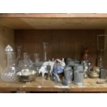 Cut glass decanters, carafes, paperweight, Horlicks mixer, pewter tankards, pottery rabbits, game