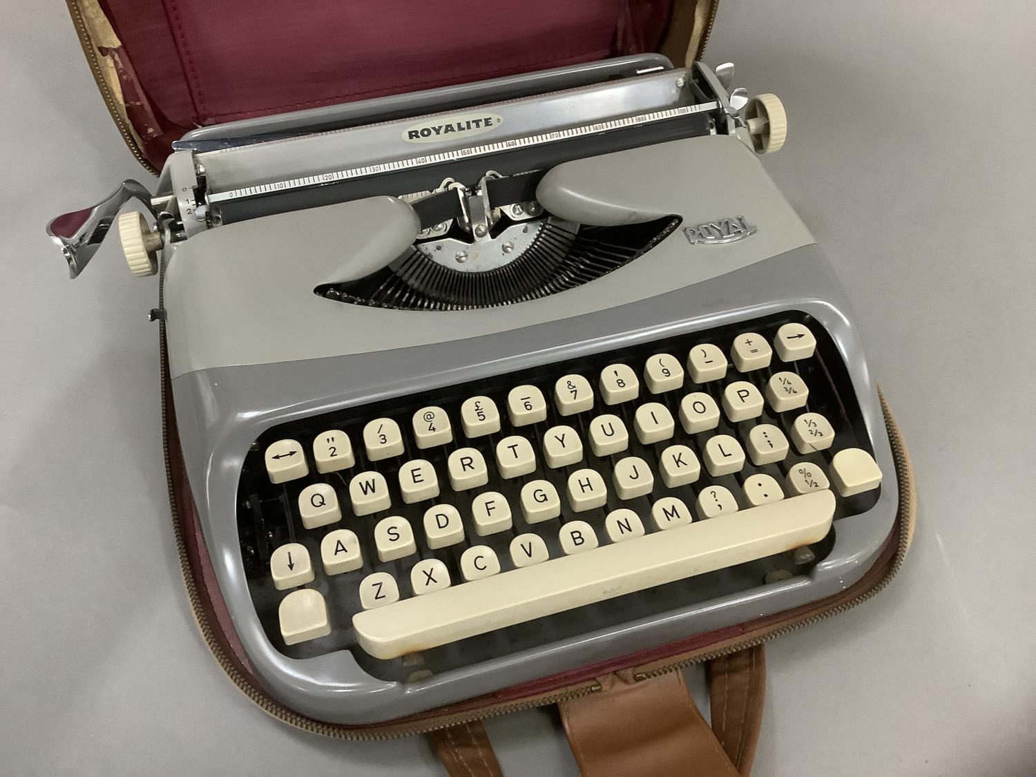 A vintage typewriter by Royalite in two tone grey metal frame and with carrying case - Image 2 of 3