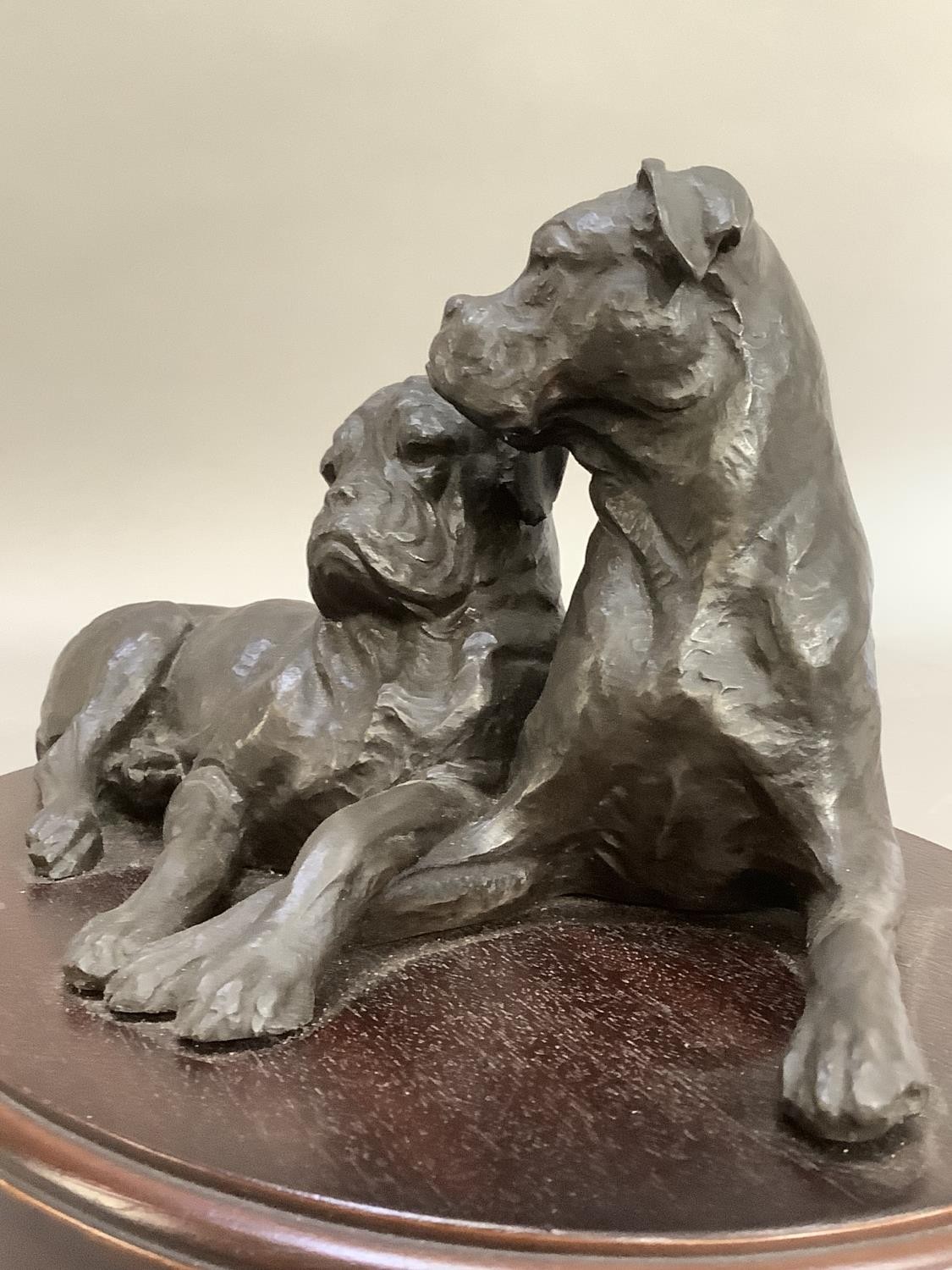 A bronze effect group of two boxer dogs on an oval plinth, 30cm wide x 15cm high - Image 3 of 7