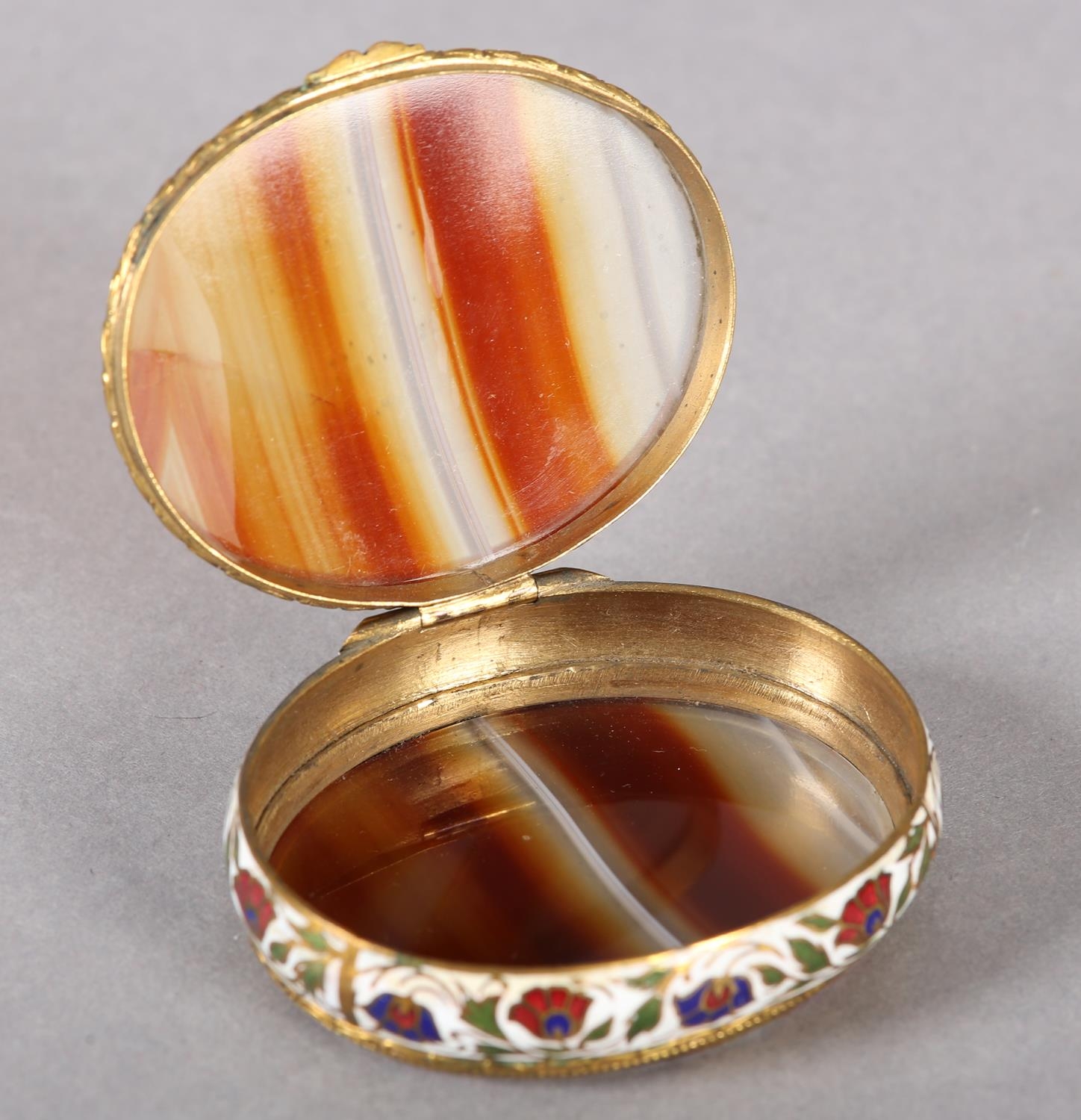 A late 19th century french banded agate gilt metal and champlevé enamel box of oval outline, 6. - Image 3 of 4