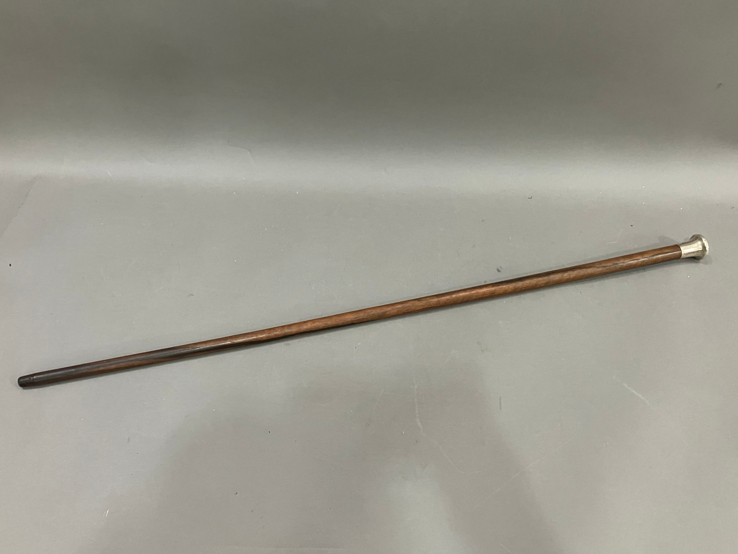 A Victorian silver handled hard wood walking cane with monogram, 91cm
