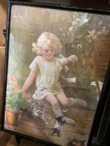 A selection of vintage and later prints, a portrait of a dog, a child with kittens, humorous golfing