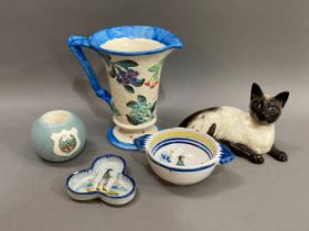 A James Kent moulded jug, Beswick Siamese cats, Henri Quimper two handled bowl, a trefoil dish and