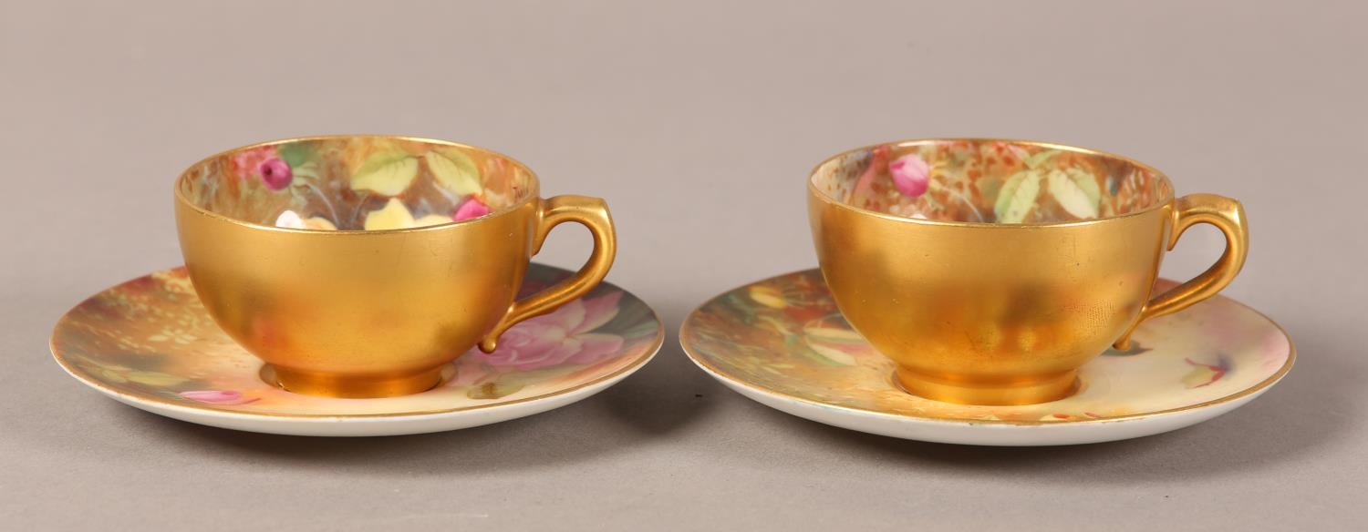 A pair of Royal Worcester cabinet cups and saucers, painted with yellow and pink roses, signed Twin, - Image 2 of 8