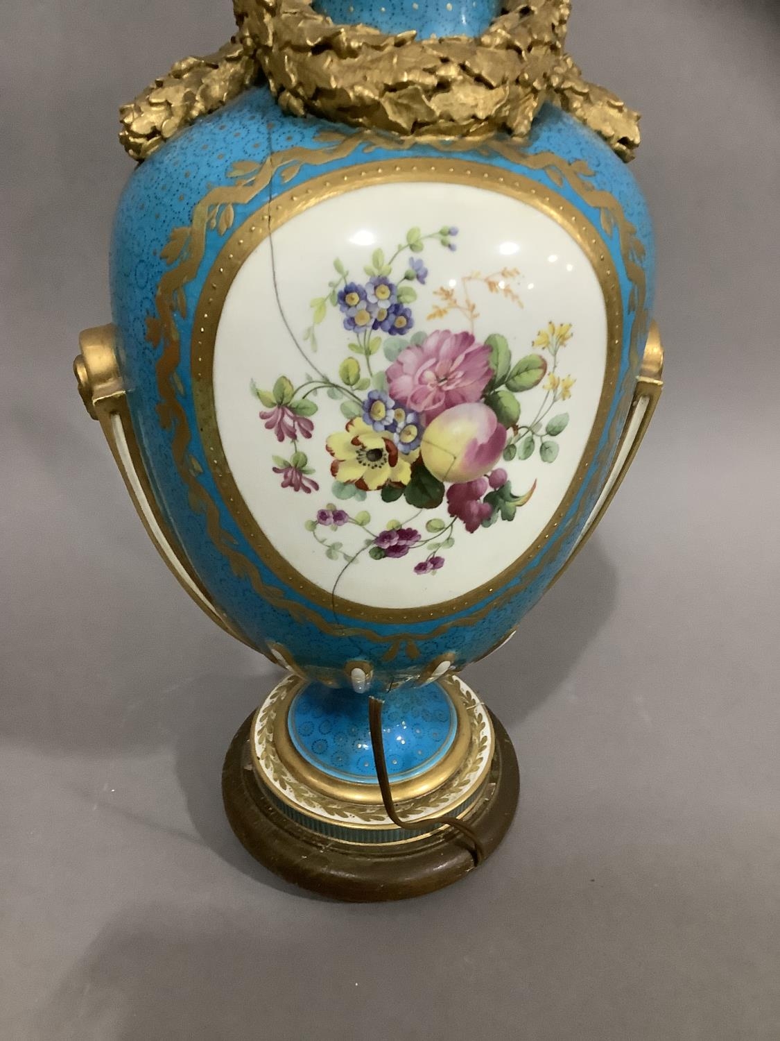 A French Sevres style vase converted to a lamp, the ovoid body painted with a mother and child in - Image 3 of 5