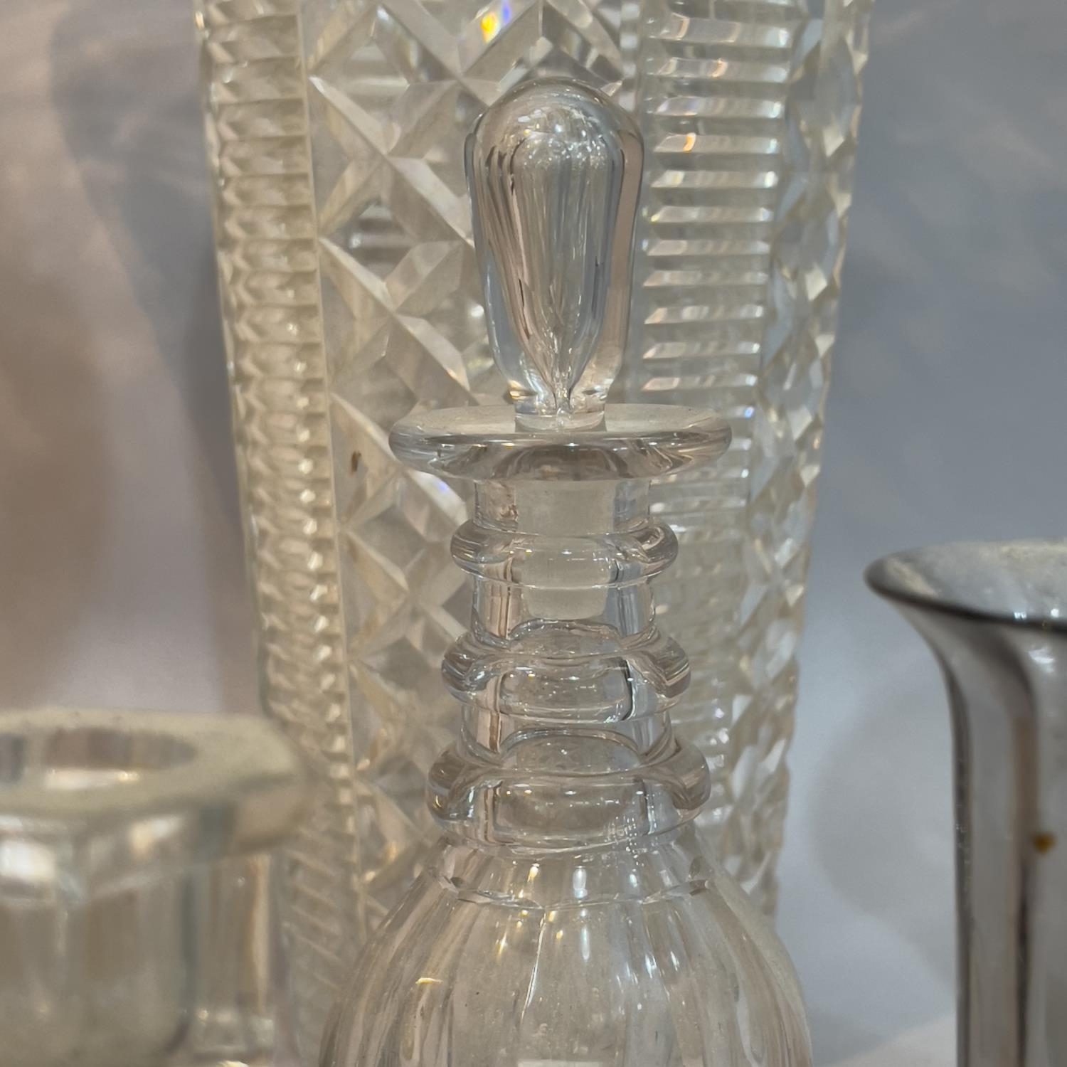 Two cut glass vases 33cm high, two further glass vases of wrythen form, a small decanter and stopper - Image 2 of 2