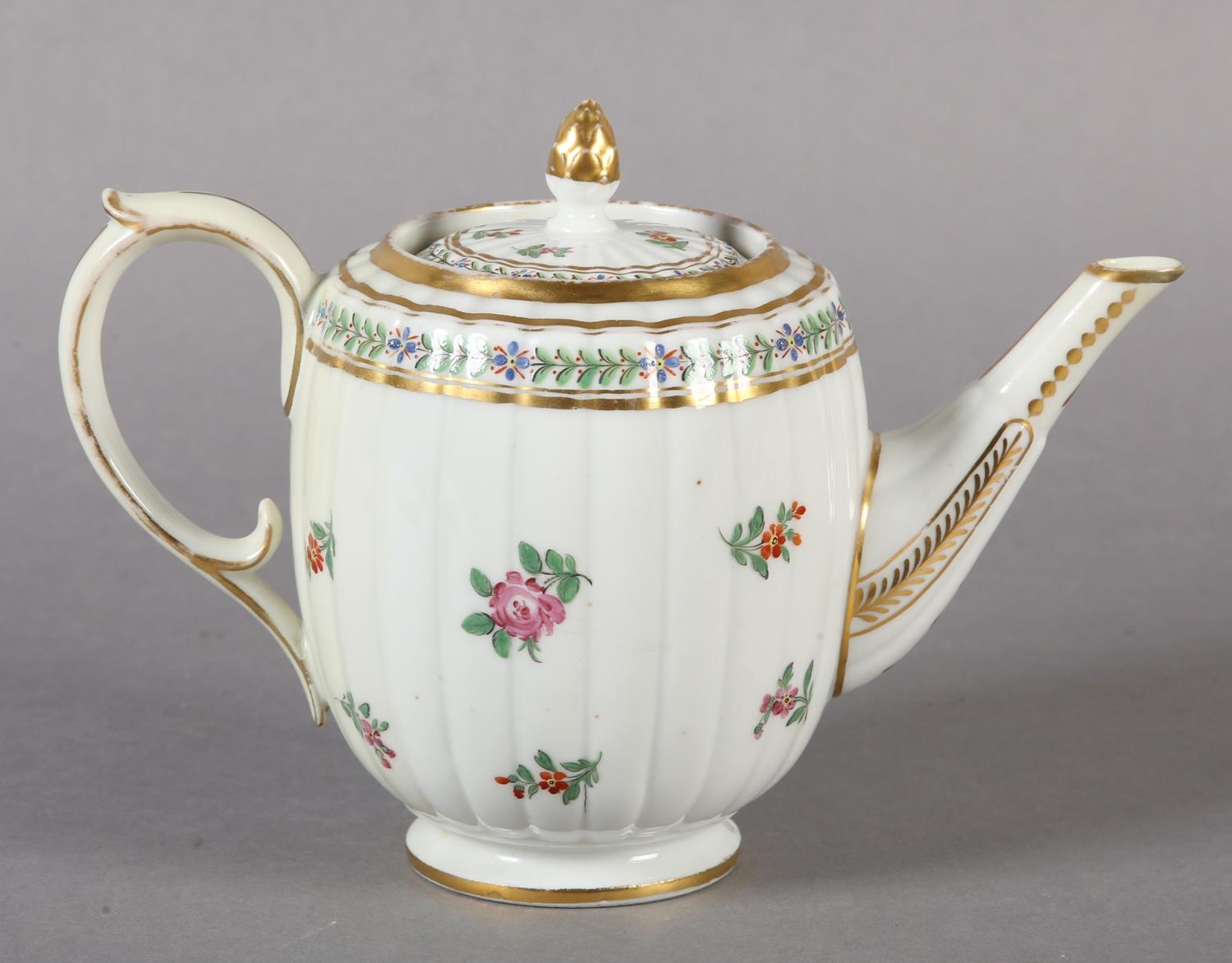 An 18th century teapot, the lid having an acorn gilt finial, the fluted body of barrel shape painted - Image 9 of 9