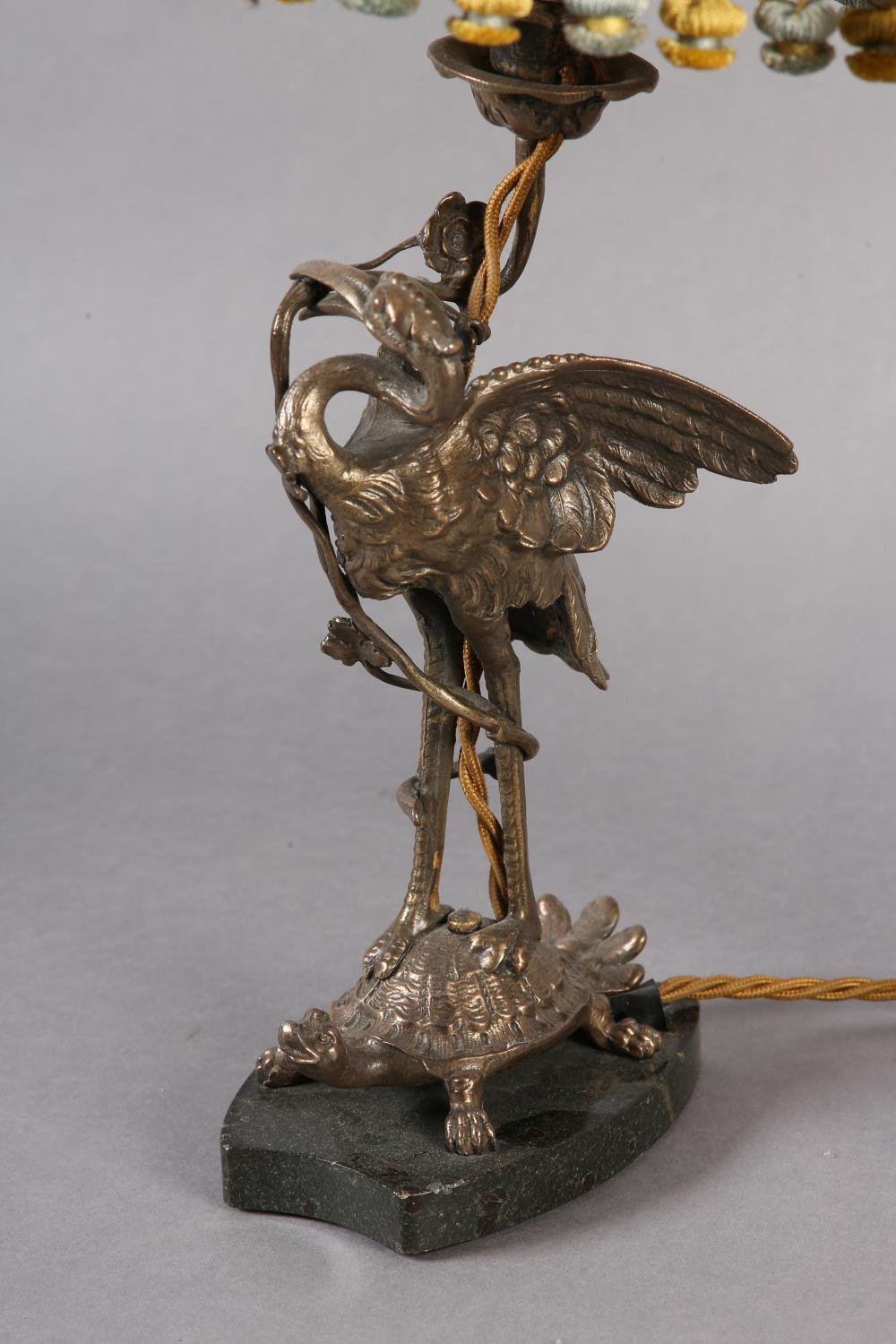 A PAIR OF EPNS TABLE LAMPS IN THE FORM OF A CRANE PERCHED ON THE BACK OF A TURTLE, on black marble - Image 2 of 9
