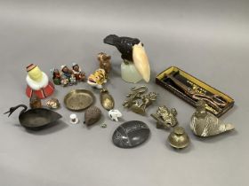 Several brass figures, indigenous carved stone, pottery Japanese figure of a tiger, a hardstone