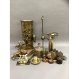 Brass ware including a Victorian inkwell, hearth ornaments, brass lyre-shaped letter holder, an