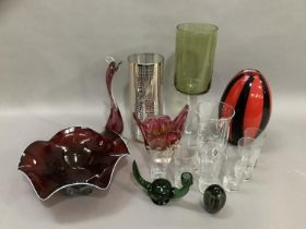 A collection of modern glass comprising a vase of ovoid form in black and red, a Murano style vase