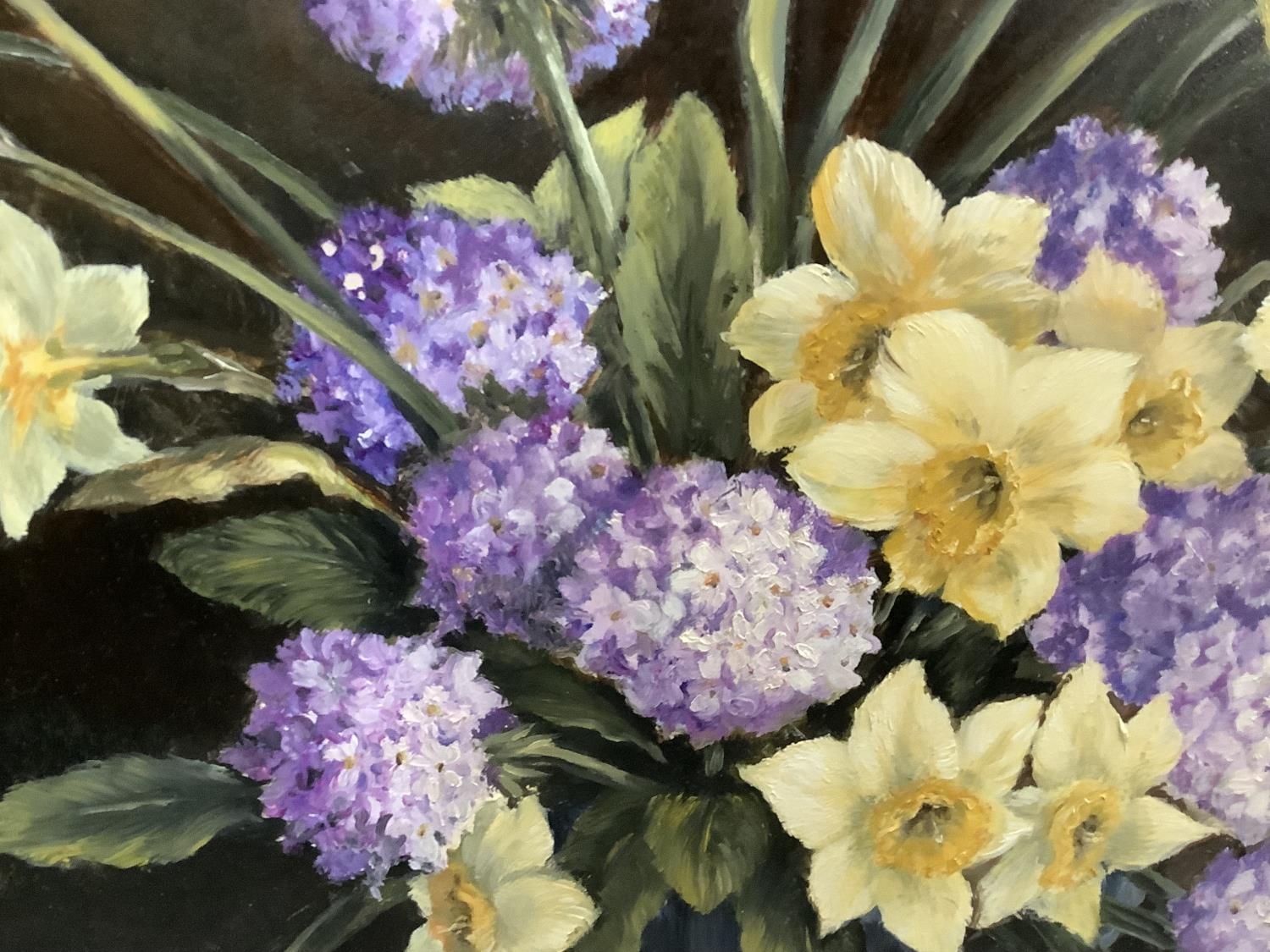 K.N. Walker still life of daffodils and primula pom-poms held in a pottery jug, oil on board, signed - Image 3 of 4