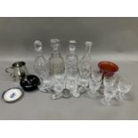 Cut glass ware including a set of six whisky tumblers, five wines and a matching spirit decanter,