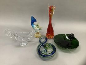 A collection of art glass comprising a Vannes France bowl formed a s a cockerel, a Murano style