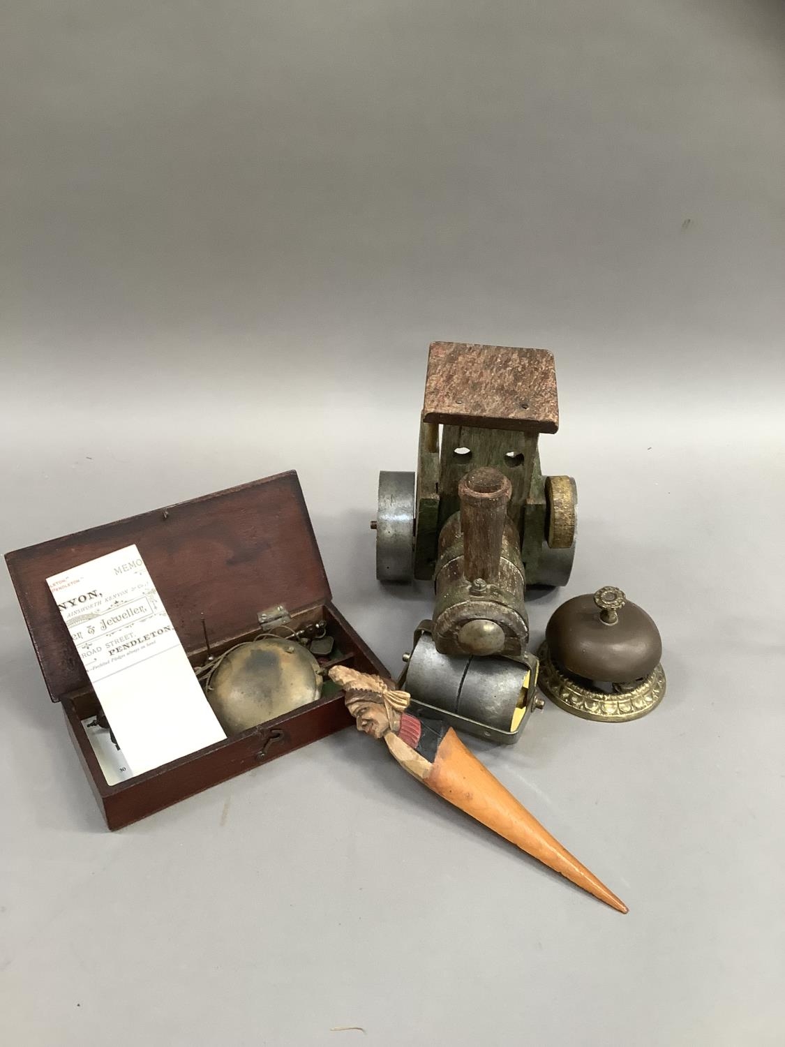 A wooden and steel model of a traction engine together with a counter bell, a mahogany boxed set - Image 3 of 3