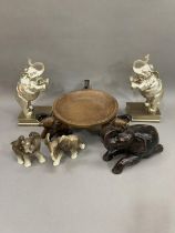 A pair of silver coloured elephant bookends, a carved wood elephant box and cover, a fruit platter