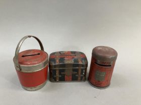 Three printed tin money boxes, c1925. a George V pillar box, a trunk with 'Caley' luggage label