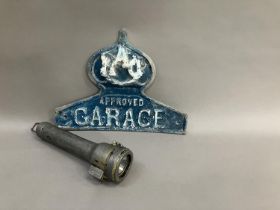 A vintage 'RAC Approved Garage' metal sign, 34.5cm wide x 26cm, together with a metal alloy cased