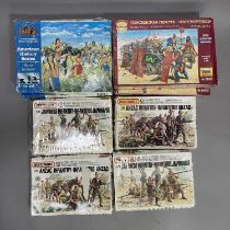 A collection of boxed, early 1/76 and 1/72 scale model soldiers and characters including Airfix,