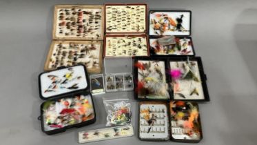 Seven boxes of flies, various and a fishing fly brooch