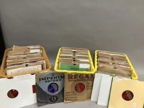 Three boxes of 78rpm records comprising spoken word and song recordings from Capitol, Parlophone,
