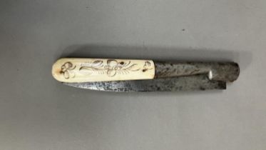 A Corsican vendetta knife, the steel folding 17cm blade stamped Azava, the bone faced handle painted