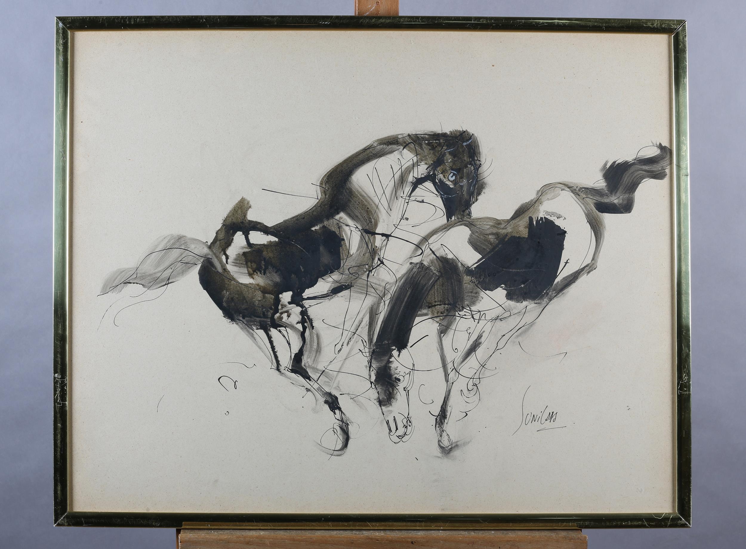 Sunil Das, Indian (1939-2015), Study of two horses, mixed media, signed to lower right, 55cm x