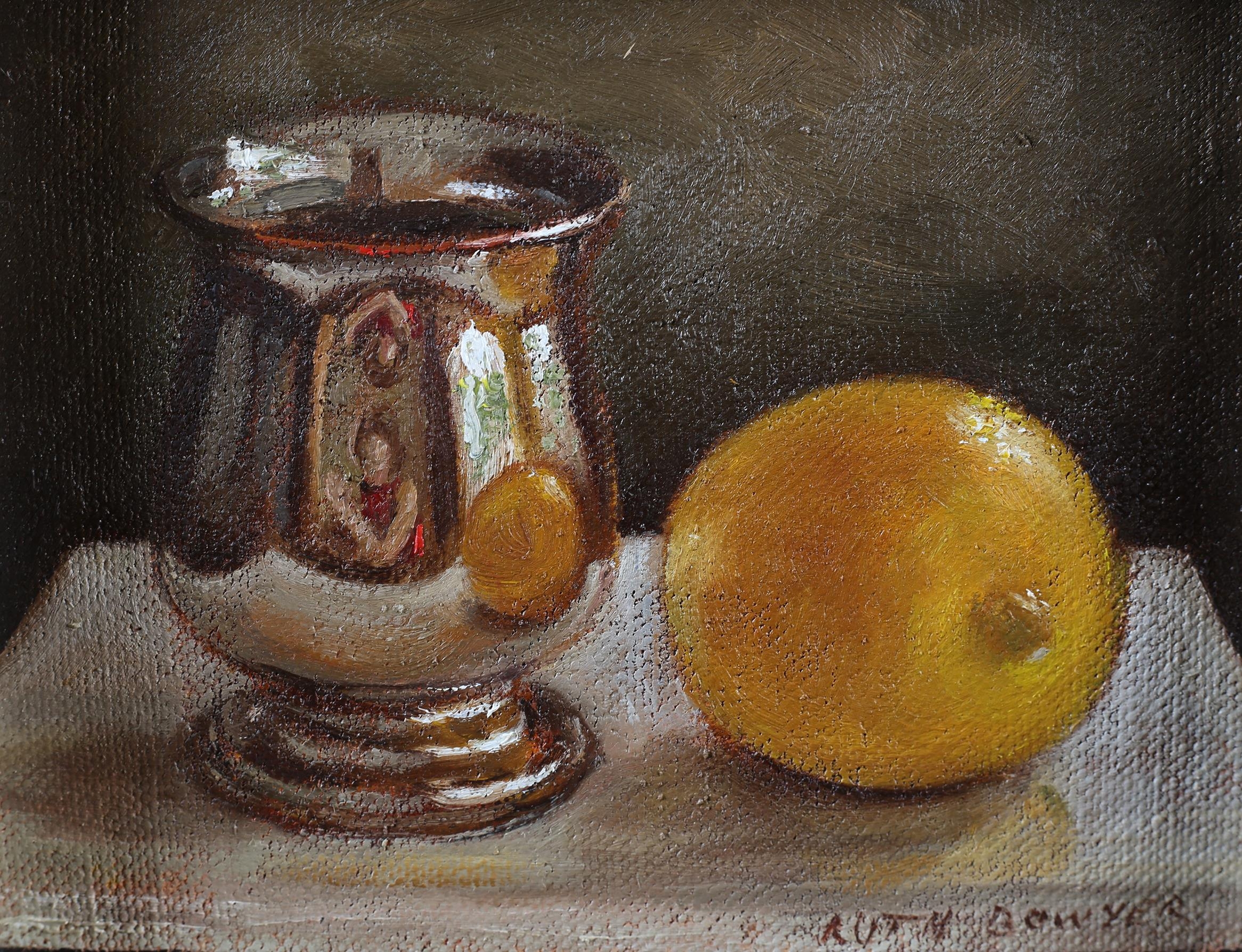 ARR Ruth Bowyer (b 1948), Lemon and Silver Mug, oil on board, signed to lower right, 14.5cm x 17. - Image 3 of 5