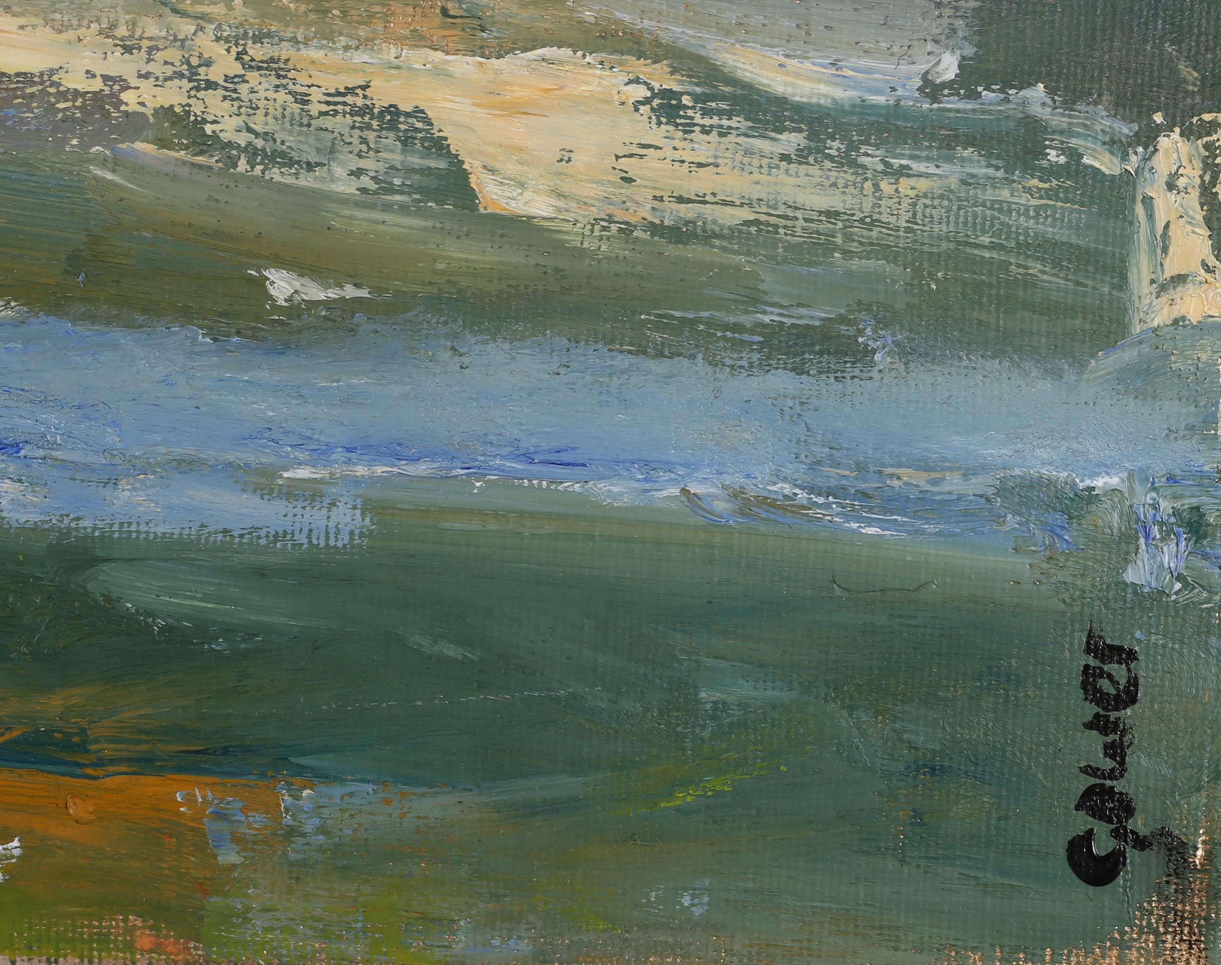 Richard Gower (b 1962), Landscape at sunset, oil on canvas, signed to lower right, Myra Studio stamp - Image 4 of 4