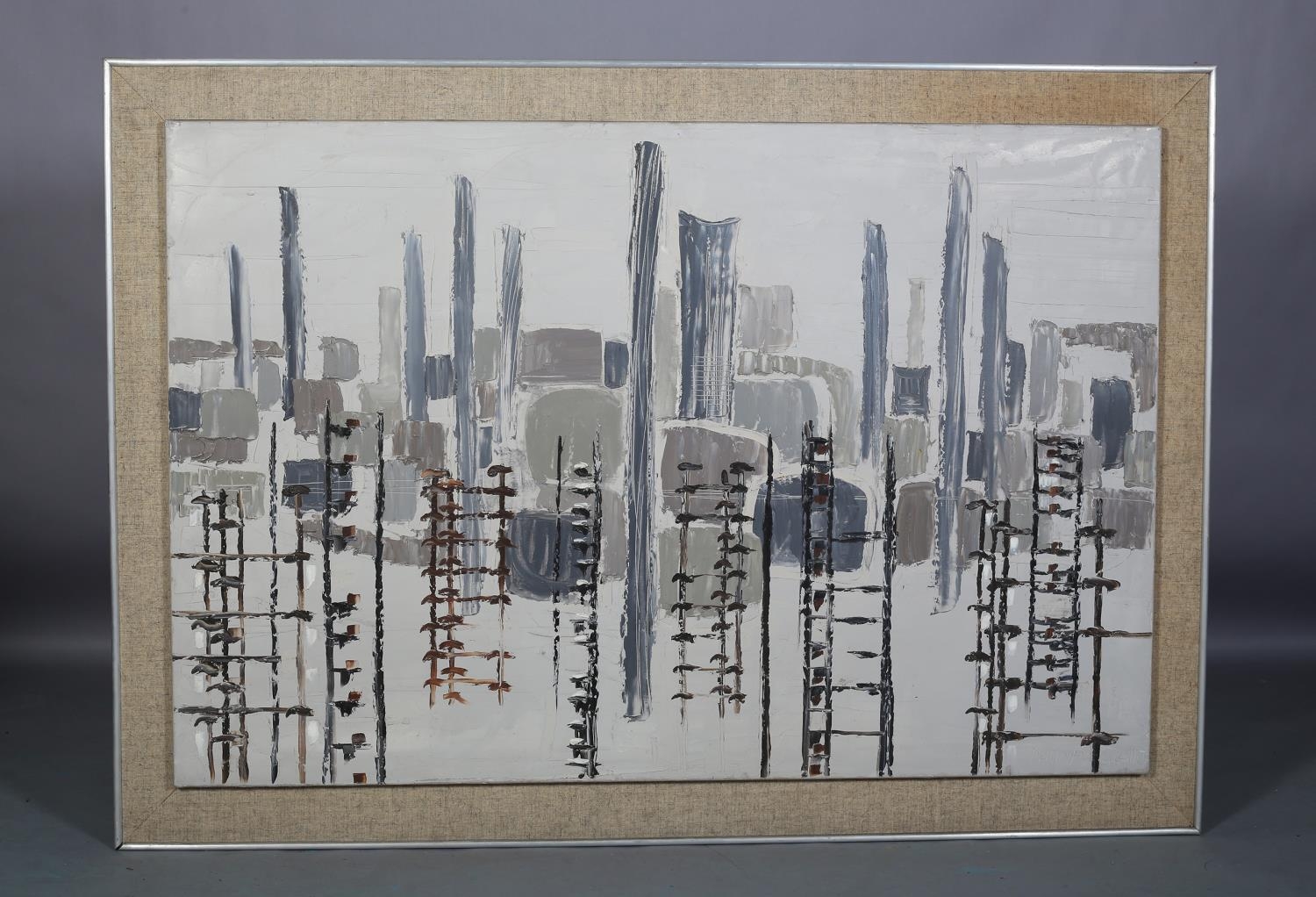 ARR Druie Bowett (1924-1998), Industrial landscape, abstract, oil on canvas, incised signature and - Image 2 of 7