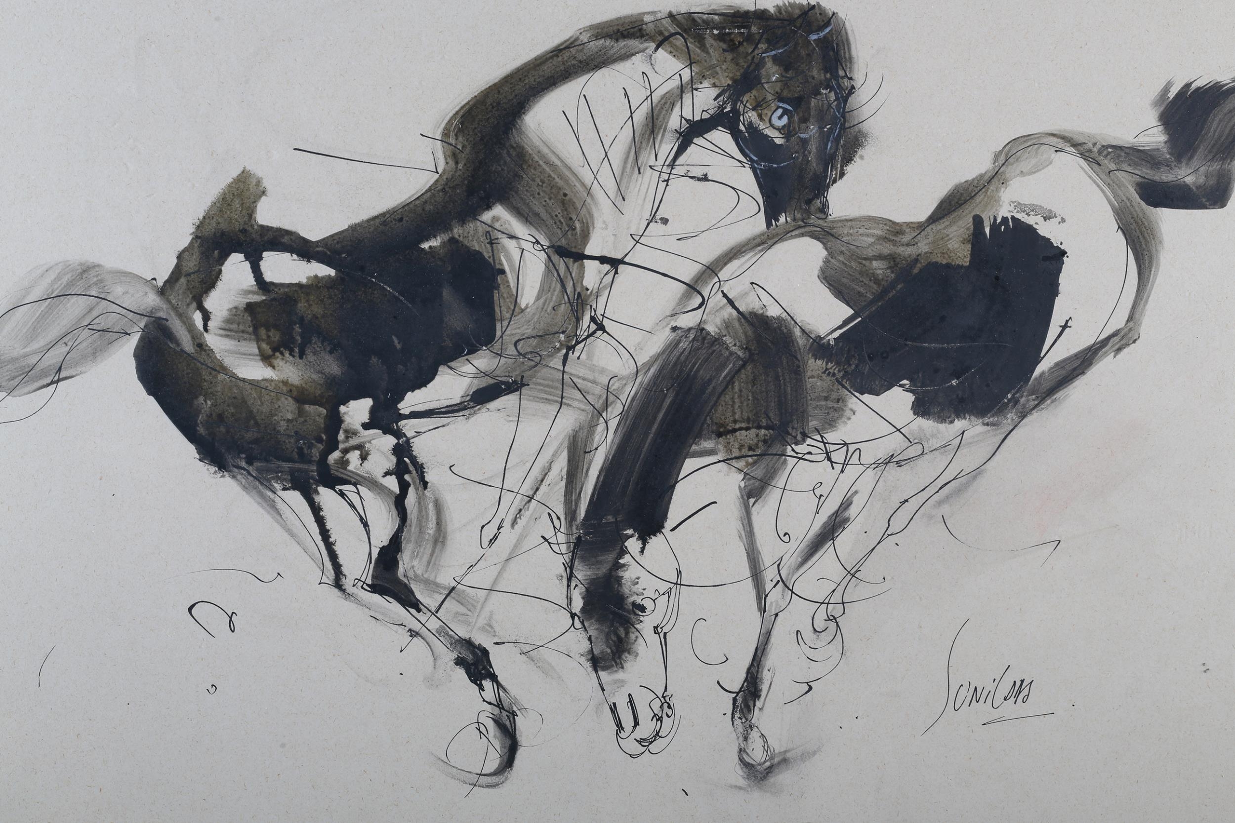 Sunil Das, Indian (1939-2015), Study of two horses, mixed media, signed to lower right, 55cm x - Image 3 of 4